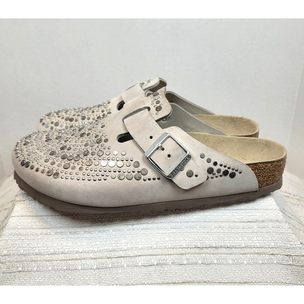 Rare Birkenstock Boston Rivets / Studs Taupe Soft Suede Leather Women's 10 EU 41 - Picture 4 of 16